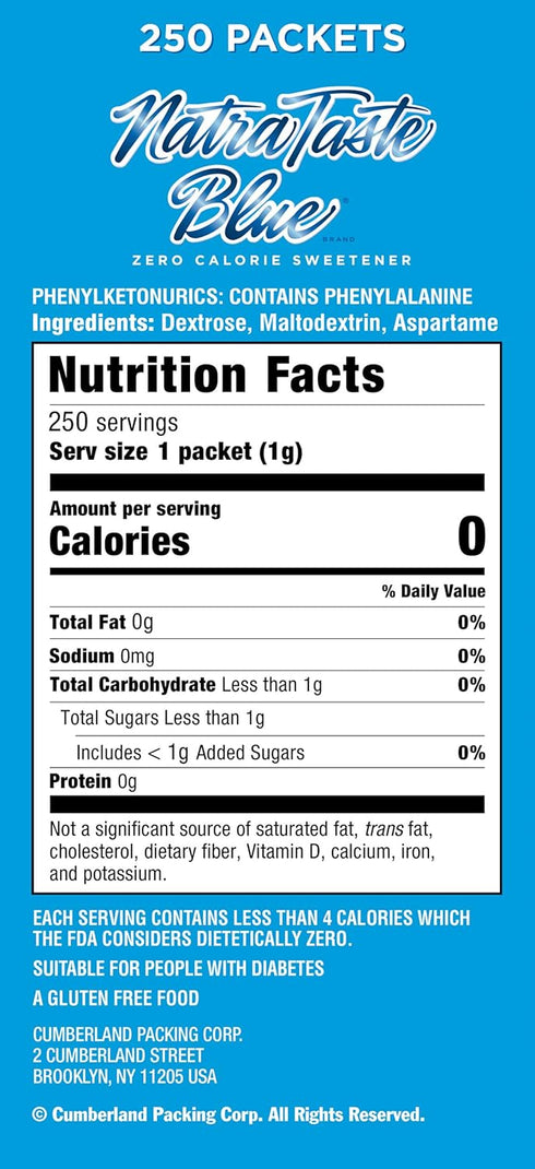 NatraTaste 250 Packets (1 pack) Blue Zero Calorie Sweetener, Bulk Sugar Substitute for Coffee, Iced Tea, Lemonade, Hot