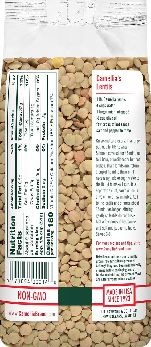 1 (Pack 2) Camellia Brand Dried Lentils Premium Non-GMO Dry Lentils Peas, High Protein Plant-Based Food for Soups