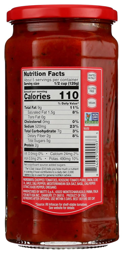 24 (Pack 6) Mutti Arrabbiata Pasta Sauce, No Added Sugar, Vegan Friendly, Gluten Free & Non-GMO, Ounce