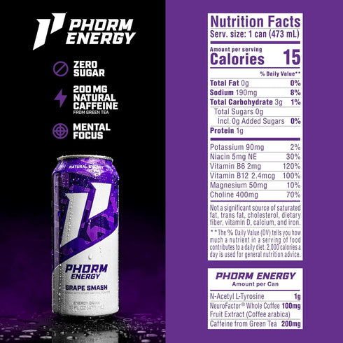 200 B12, 16 Oz 12 Pack Phorm Energy Drink, Grape Smash Flavor, MG Natural Caffeine From Green Tea, Sugar Free