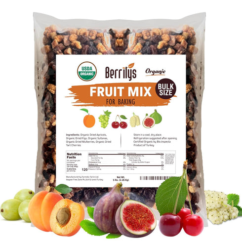 Fruit Mix, Organic, 5 Lbs, Berrilys, Dried Fruits, Diced Figs, Diced Apricots,