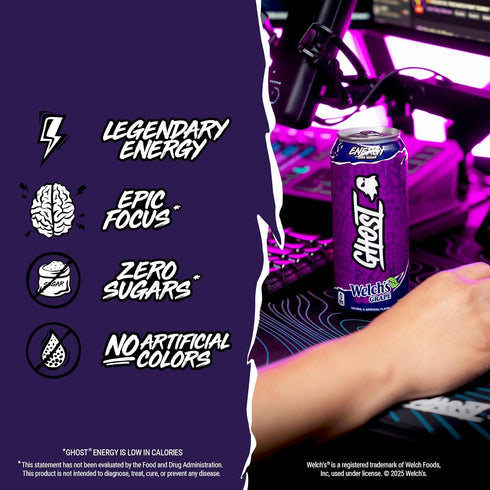 12-Pack, 16oz 200mg GHOST Energy Drink - Welch's Grape, Cans - Energy & Focus & No Artificial Colors - of Natural