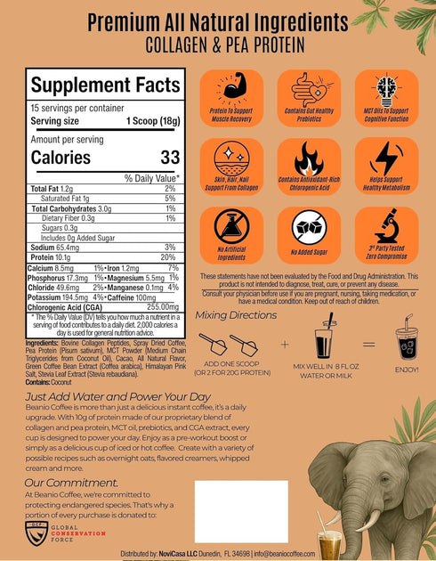 Beanio 100% 10G 100mg 15 Protein Coffee Mocha with Collagen: Zero Added Sugar, Natural Dairy-Free Protein Instant Blend
