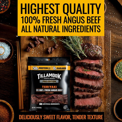 Country 2.14 Oz (3 Pack) Tillamook Beef Jerky, Smoker PRO Edition, Zero Sugar Teriyaki, Real Hardwood Smoked Fresh