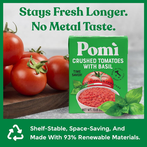 100% 13.8oz (Pack 12) Pom Crushed Tomatoes with Basil - Creamy, Velvety Italian Sauce, No Salt