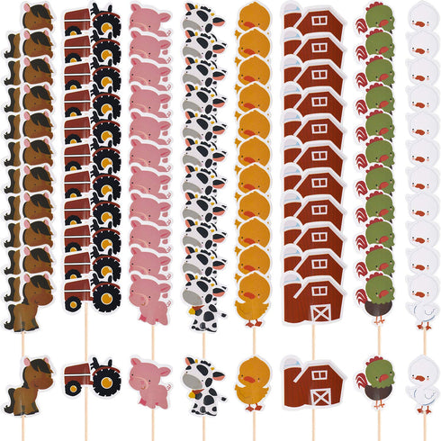 96 Pieces Farm Animal Cupcake Toppers, Chicken Duck Goose Cow Pig Tractor Horse Picks for Baby Shower Birthday Party.