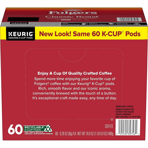 10 Count (Pack 6) Folgers Classic Roast Coffee, Medium Roast, Keurig K-Cup Pods, Box