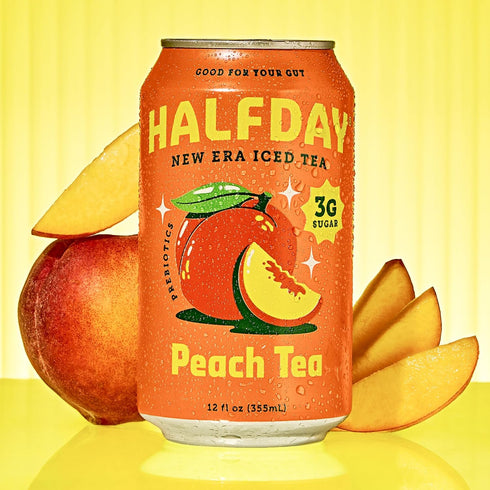 12 Oz Halfday, Prebiotic Peach Iced Tea, Fl Can