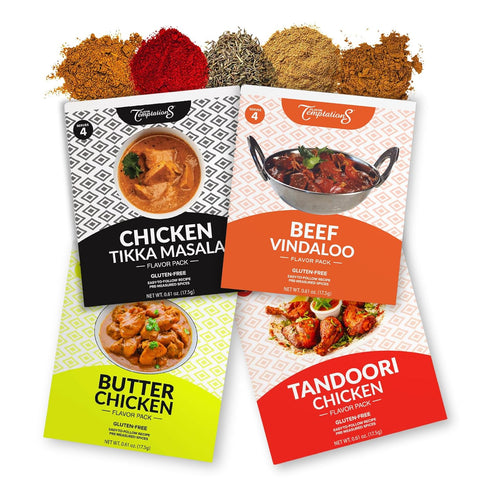 Flavor Temptations Beginner Seasoning Set: TIKKA MASALA, BUTTER CHICKEN, TANDOORI CHICKEN, BEEF VINDALOO Indian Food