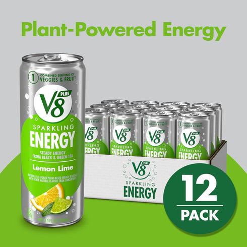 V8 +ENERGY V8 11.5 OZ (Pack 12) +SPARKLING ENERGY Lemon Lime Energy Drink, Made with Real Vegetable and Fruit Juices