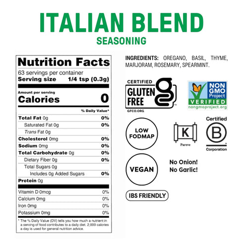 0.7 Oz, Fody Foods Italian Blend Seasoning, Garlic and Onion Free, Low FODMAP Certified, Gut & IBS Friendly, Vegan