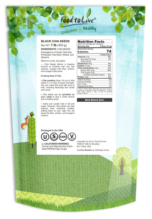 1 Food to Live - Black Chia Seeds, Pound Whole, Sproutable, Vegan, Kosher, Keto, Sirtfood, Bulk. Rich in Essential