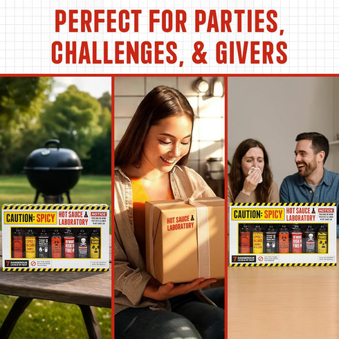 7pk Set Caution Hot Sauce Laboratory Assorted Spicy Flavors with Garlic, Jalapeo, Chipotle, Carolina Reaper & Habanero