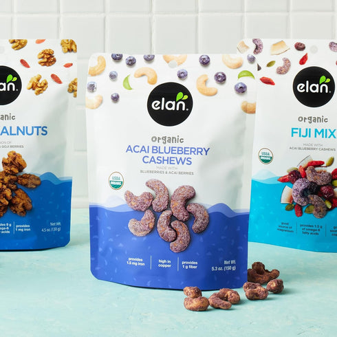 5.3 oz, Elan Organic Acai Blueberry Cashews, Non-GMO, Vegan, Gluten-Free, Kosher, Glazed Nuts (Roasted Cashews, Acai