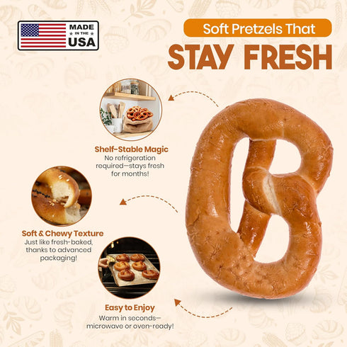 Frozen Bakery Authentic Bavarian Soft Pretzel, Shelf Stable Philadelphia Soft Pretzels Flavors, plain MADE IN USA