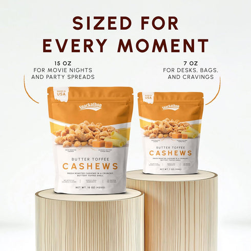 15 oz Snackathon Butter Toffee Cashews, Resealable Bag, Made in USA, All-Natural Fresh Roasted Nuts Coated in a Crunchy