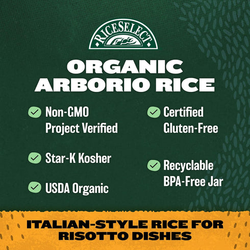 32-Ounce (Pack 1) RiceSelect Organic Arborio Rice for Italian Risotto, Premium Gluten-Free Rice, Non-GMO, Jar