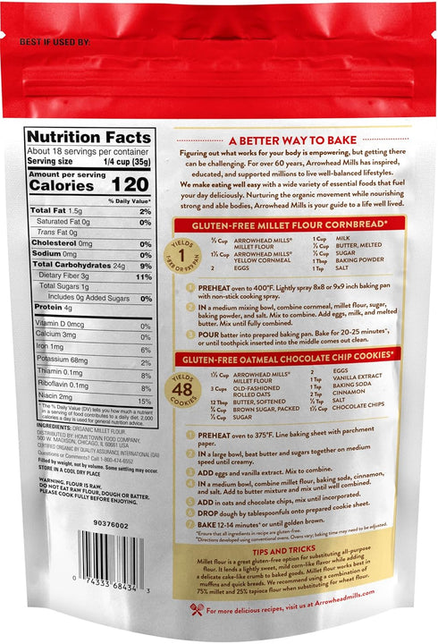 23 oz Arrowhead Mills Organic Gluten Free Millet Flour, Bag