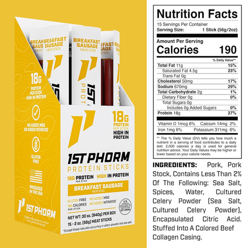 1st 18g 15 Count Phorm Meat Sticks, Breakfast Sausage Protein Snacks, Protein Per Serving, Pork Sticks, Healthy Snacks