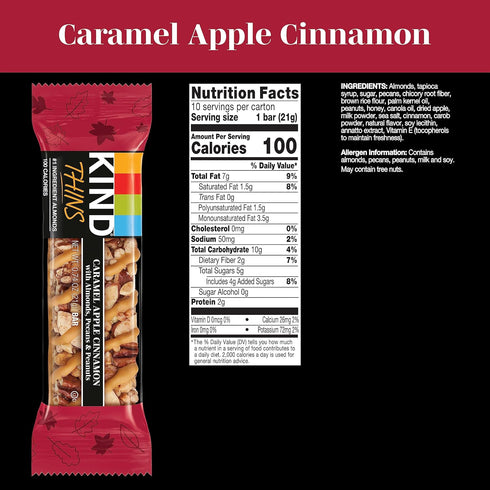 5g 10 Count KIND Thins Snack Bars, Caramel Apple Cinnamon, Gluten Free, Low Calorie, Healthy Snacks, Sugar