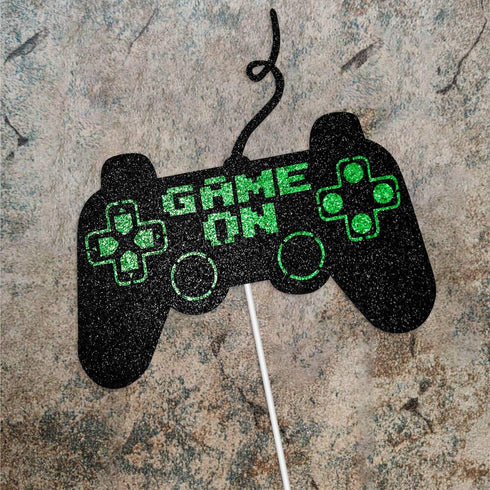 Game On Big Cake Topper - Black and Green Glitter Video Game Controller Cake Decorations for Kids