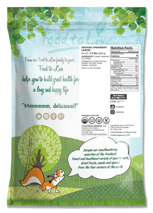1.5 Food to Live - Organic Spearmint Leaves, Pounds Dried, Cut & Sifted. Great for Herbal Tea. Non-GMO. Caffeine-free.