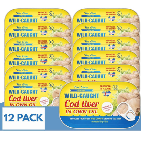 4.3 oz (Pack 12) Omega-3, Foie Gras of the Sea Icelandic Wild Caught Cod Liver - Canned in Own Oil, of - Premium