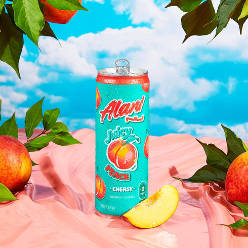 200mg 10 12 Oz 24 Pack Alani Nu JUICY PEACH, Sugar Free, Low Calorie Energy Drinks, Caffeine, Biotin, B Vitamins, Zero
