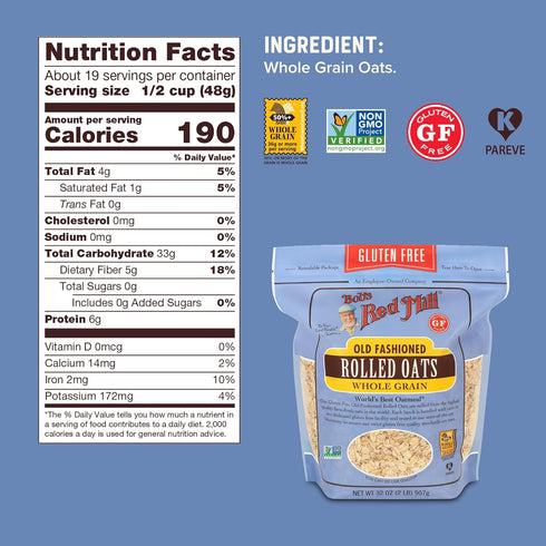 52oz (Pack 1) Bob's Red Mill Gluten Free Old Fashioned Rolled Oats, of - Non GMO, Whole Grain, Vegan, Kosher