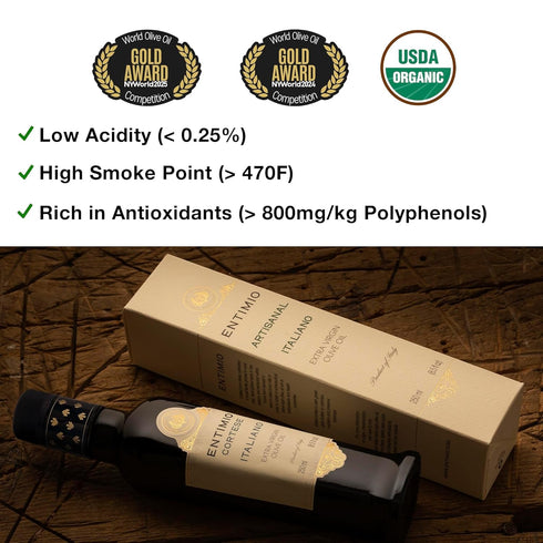 800+ 2025 8.5 oz Entimio Cortese Organic Italian Extra Virgin Olive Oil from Italy, mg/kg High in Polyphenols, Gold