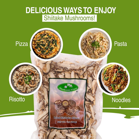 1 LB Mushroom House Dried Shiitake Mushroom Slices - Bulk Bag - All-Natural, Non-GMO, Evenly Sliced, Sealed