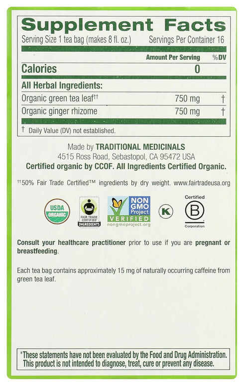 (Pack 1) 16 Traditional Medicinals Organic Green Tea Ginger Herbal Tea, Promotes Healthy Digestion, of - Tea Bags