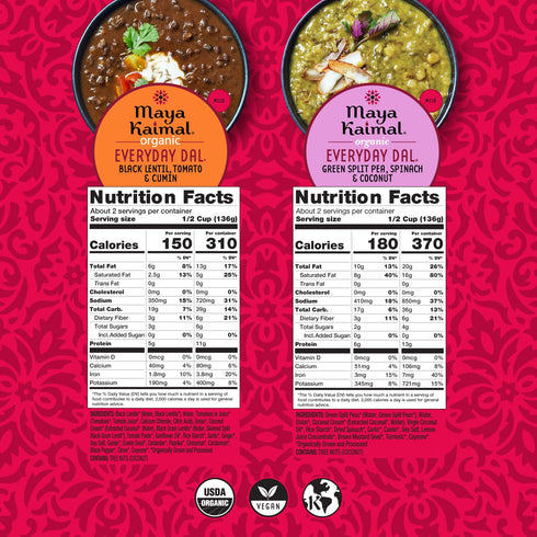 6 pack 10oz Maya Kaimal Foods - Organic Indian Everyday Dal - variety of Ready to Eat Meals - Fully Cooked - Vegan