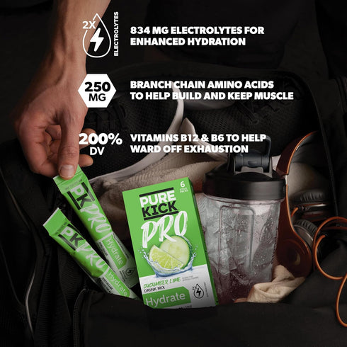 1 6 Packets PURE KICK PRO Hydration Electrolyte Drink Mix, Cucumber Lime, Includes Box with in Each Box