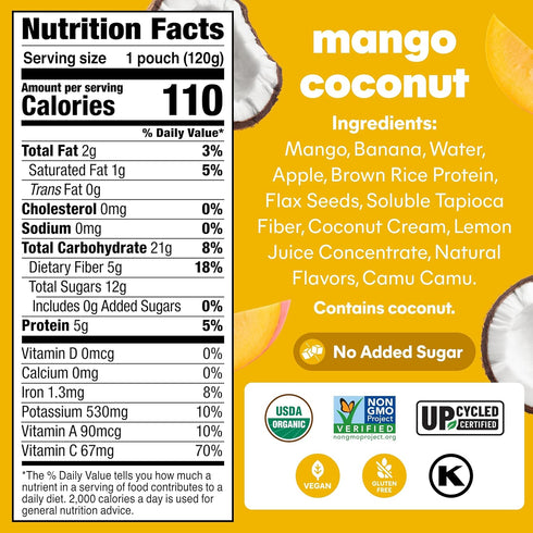 4.22 oz, 12 Count Noka Superfood Fruit Smoothie Pouches, Mango Coconut, Healthy Snacks with Flax Seed, Plant Protein