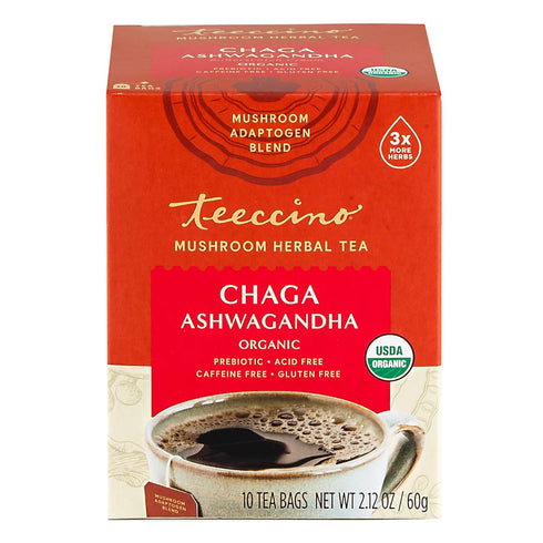 Teeccino Chaga Ashwagandha Tea - Butterscotch Cream - Organic Herbal Tea, 10 Tea Bags, Caffeine Free, Gluten Free,