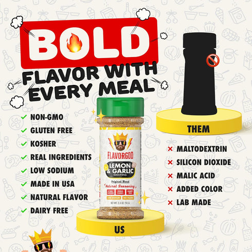 2 Lemon Garlic Seasoning Mix, Bottles by Flavor God - Premium All Natural & Healthy Spice Blend for Chicken, Seafood