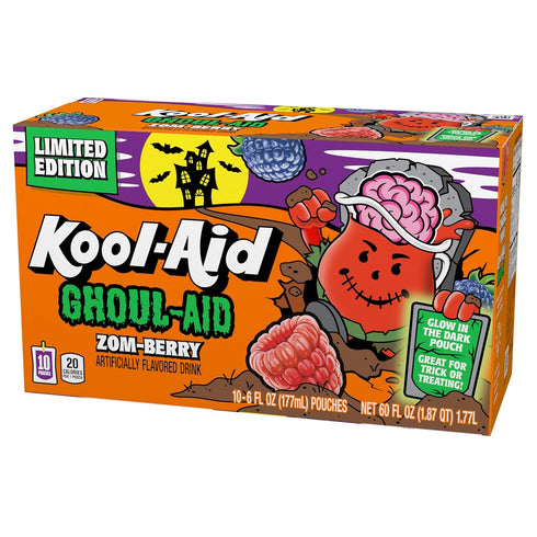 10 6 oz Kool-Aid Ghoul-Aid Artificially Flavored Drink, Pouches, for School Lunches and On-the-Go Hydration, Zom-Berry