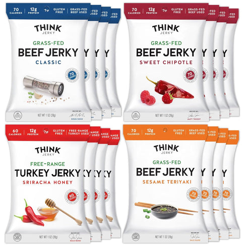 Think Jerky Beef and Turkey Jerky Variety Pack, Original, Sweet Chipotle, Sriracha