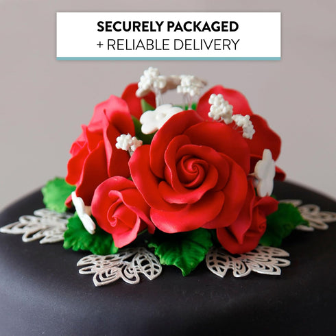1 Count, Global Sugar Art Garden Rose Sugar Cake Flowers Topper Bouquet, Red with White Filler Flowers, by Chef Alan