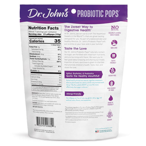 14 Count. 3.85oz Dr. John's Healthy Sweets Probiotic Pops for Kids Strawberry & Wildberry with Zero Sugar, Dye-Free