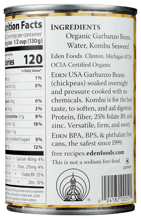 15 oz Eden Organic Garbanzo Beans, Can, No Salt, Non-GMO, Gluten Free, Vegan, Kosher, U.S. Grown, Heat and Serve
