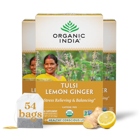 ORGANIC INDIA Tulsi Lemon Ginger Tea Bags - Herbal Tea, Stress Relieving, Immune Support, 18 Infusion Bags, 3 Pack