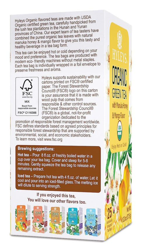 Hyleys Organic Green Tea - Manuka Honey and Mango Flavor, 25 Tea Bags