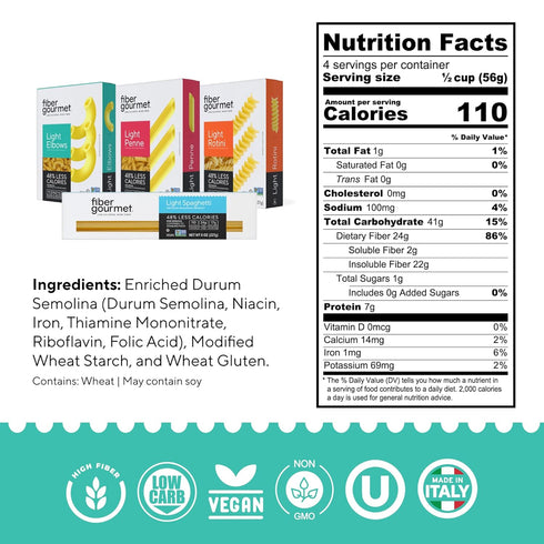 Pack Elbows 48% Fiber Gourmet Low Carb Pasta Variety - Spaghetti, Rotini, Penne, - High Fiber, Keto Friendly, Non-GMO