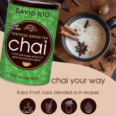64 Oz, 52 David Rio Tortoise Green Tea Chai Tea Latte Mix, Green Tea, Organic Spices, Dairy Free, Serve Hot or Cold