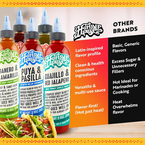 Pack 5 9.5 oz Humble House - Hot Sauce Variety with Low-Sodium Vegan Condiments for Chicken Wings, Tamales, Tacos