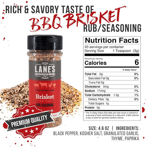 Lane's Brisket Rub for Smoker, 4.6 Oz, All-Natural Seasoning for BBQ, Perfect for Beef, Chicken, Pork