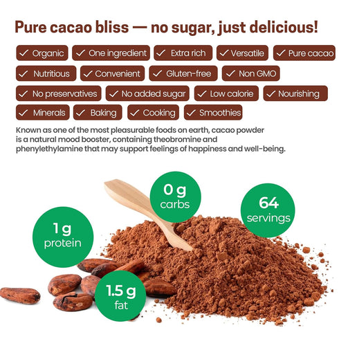 1 lb Z Natural Foods Organic Cacao Powder - Unsweetened Nutrient-Dense Superfood for Healthy Aging - Extra-Rich Dark