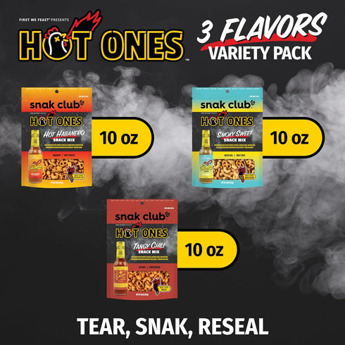 10 oz 3 Pack Snak Club x Hot Ones Snack Mix, Hot Habanero, Sweet Smoky, and Tangy Chili, Spicy Snacks with Peanuts
